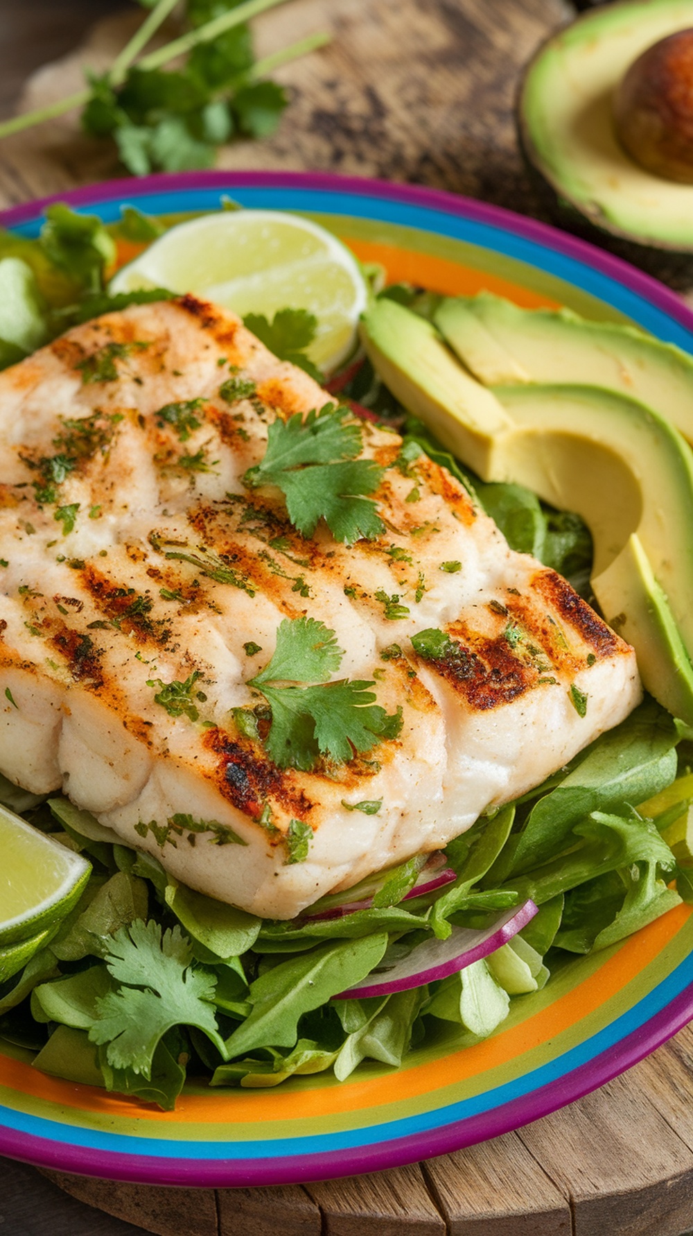 Grilled tilapia fillet garnished with cilantro on a colorful plate with lime and avocado slices