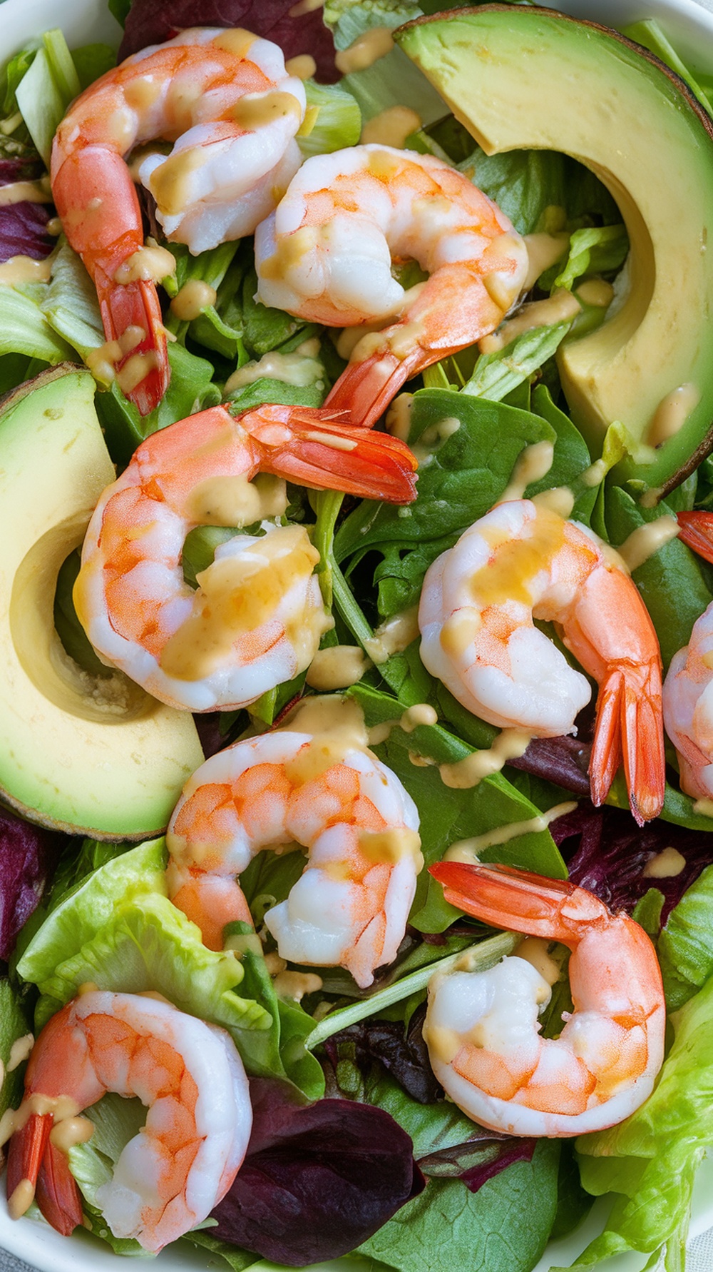A vibrant shrimp salad featuring cooked shrimp, avocado slices, and colorful greens drizzled with a citrus dressing.