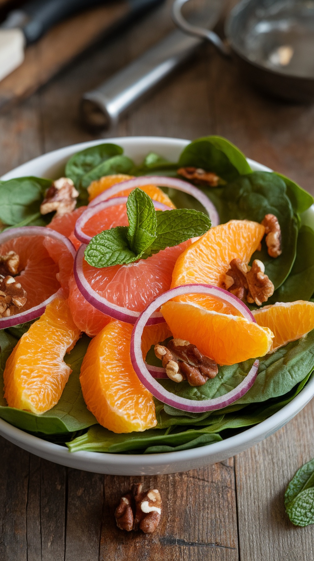 A vibrant Zesty Citrus Spinach Salad with orange and grapefruit slices, red onion, and walnuts on a wooden table.