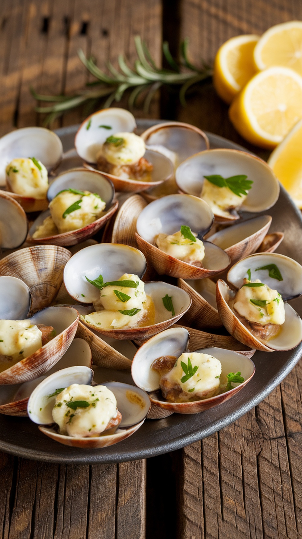 A platter of grilled clams topped with garlic butter and parsley, served with lemon wedges.