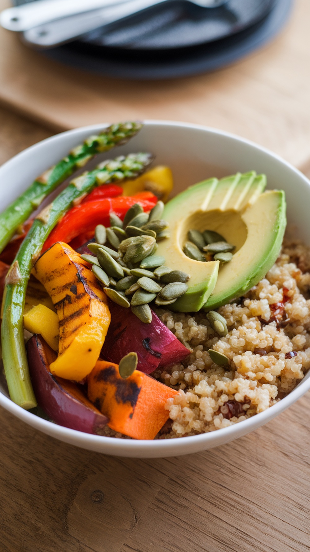 A colorful bowl of grilled vegetables and quinoa topped with avocado and pumpkin seeds.