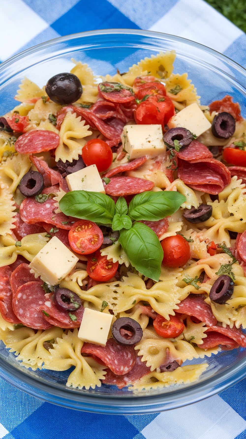A bowl of Zesty Italian Pasta Salad with salami, provolone, cherry tomatoes, and olives.