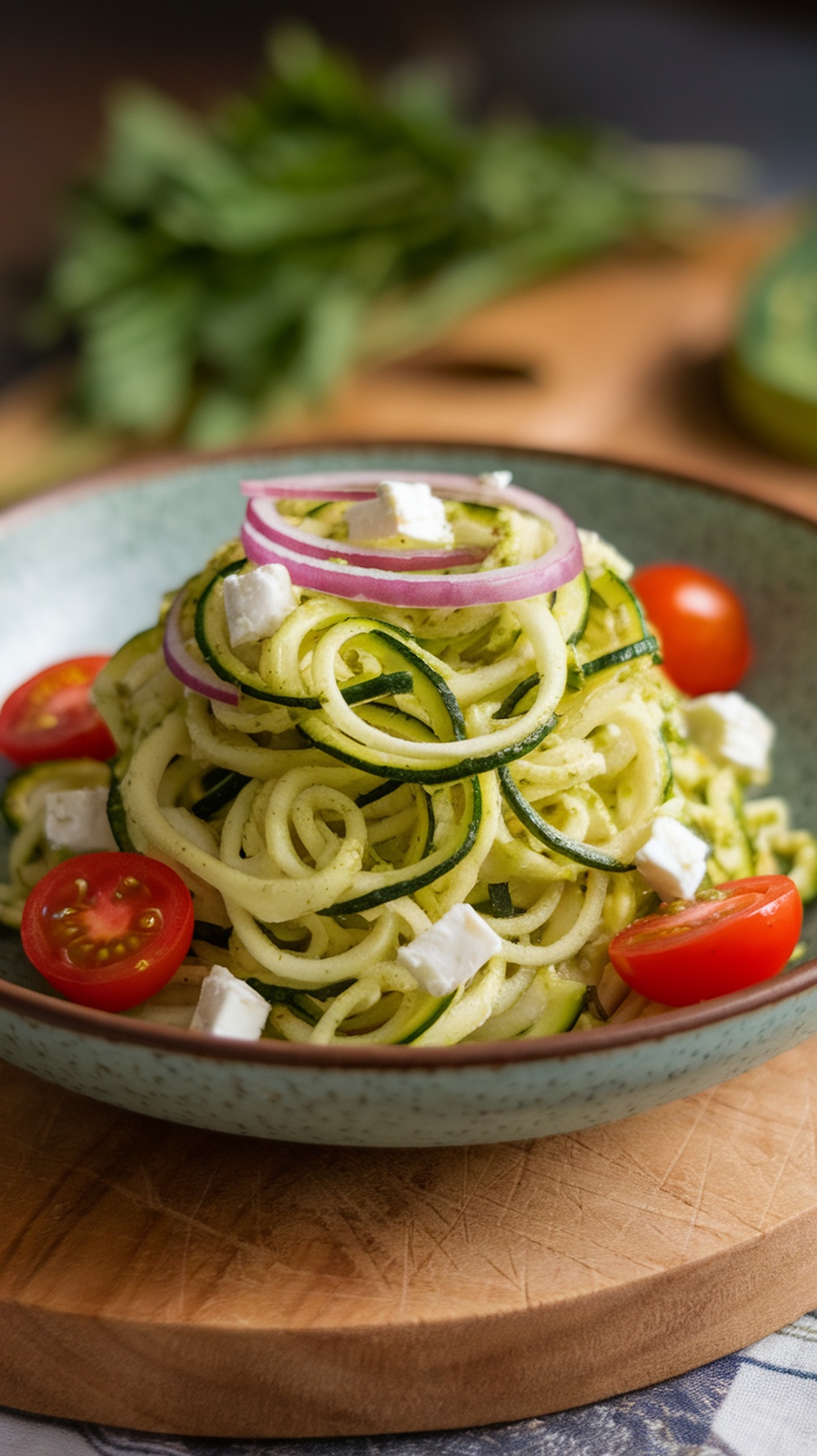 A vibrant Zucchini Noodle Salad with Pesto, topped with cherry tomatoes and feta cheese.