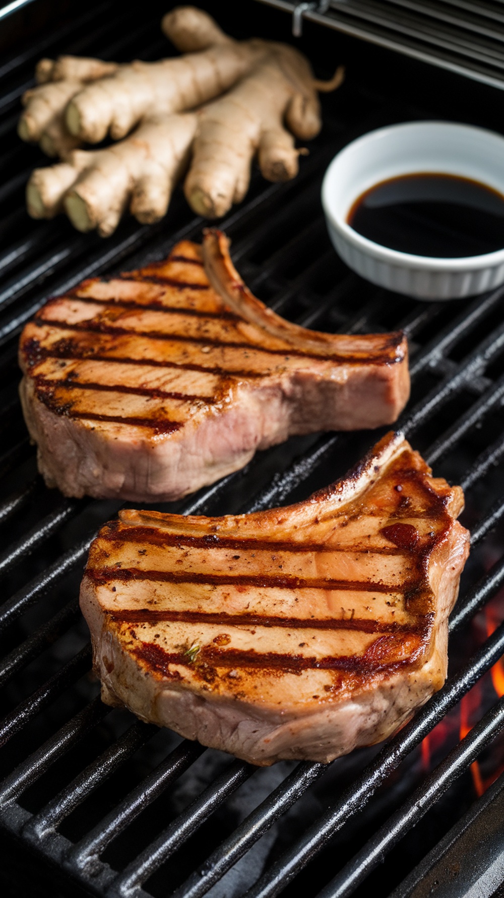 Grilled pork chops on a barbecue grill with ginger root and soy sauce in the background.