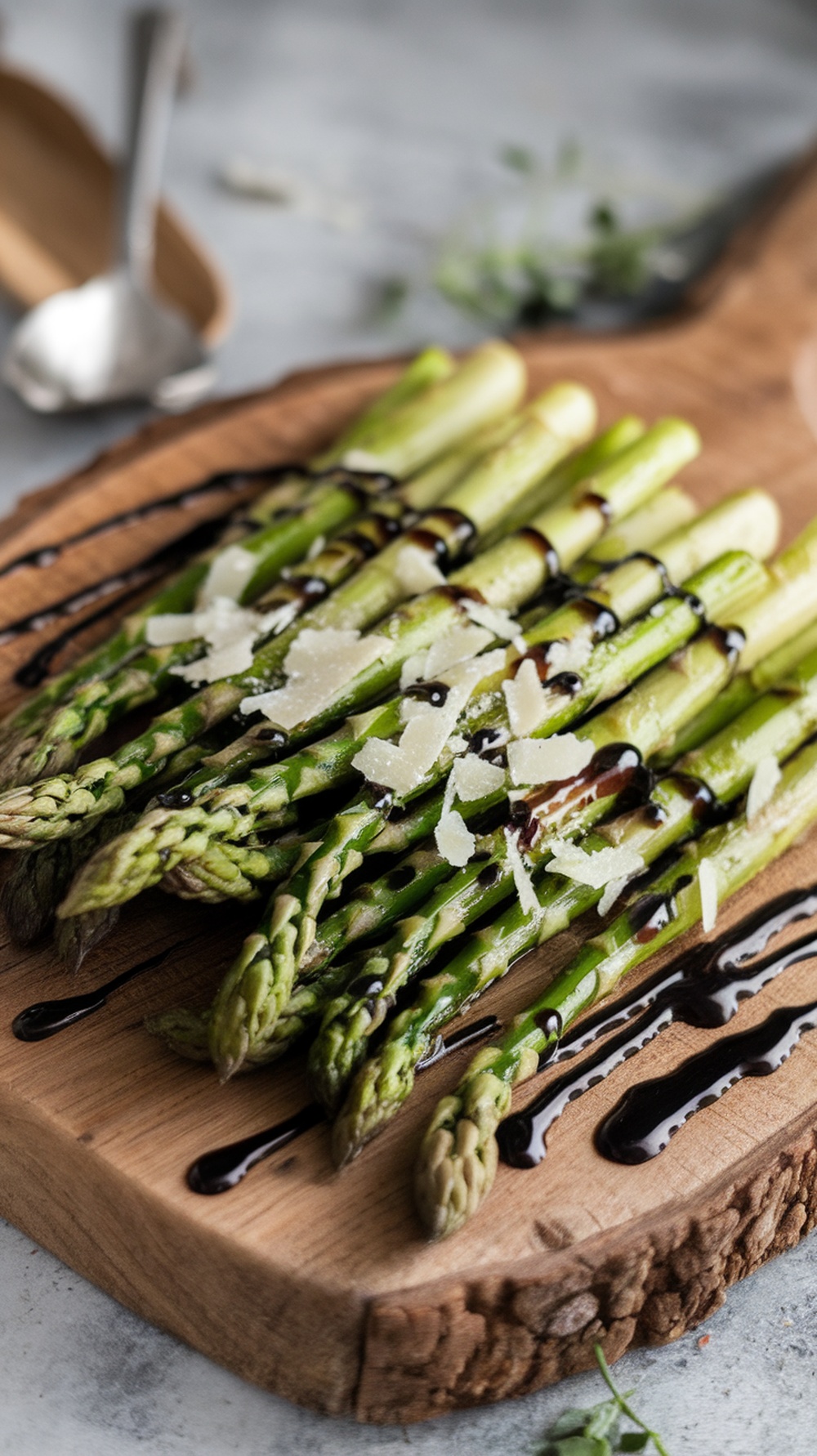 Grilled asparagus topped with balsamic glaze and Parmesan cheese on a wooden cutting board.