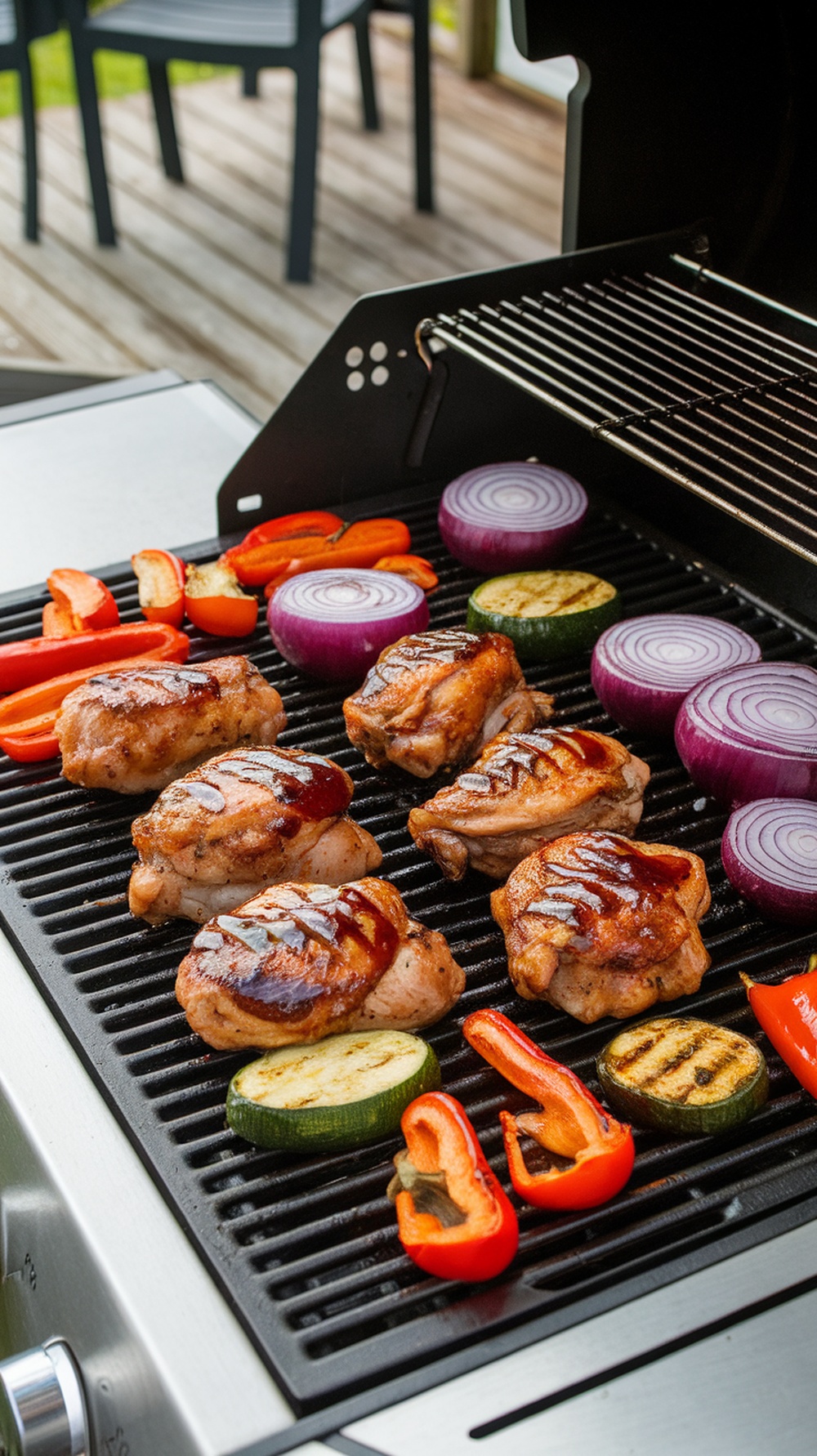 Grilled balsamic glazed chicken thighs with colorful vegetables on a grill.