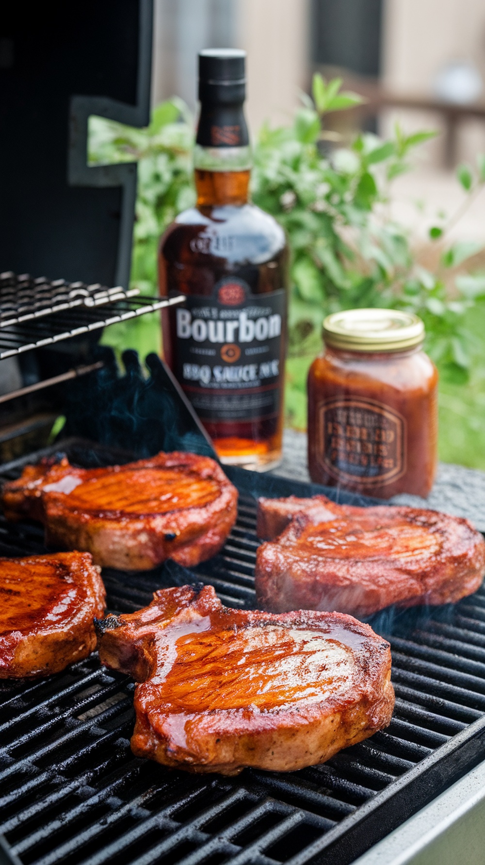 Grilled pork chops with bourbon and BBQ sauce on a grill