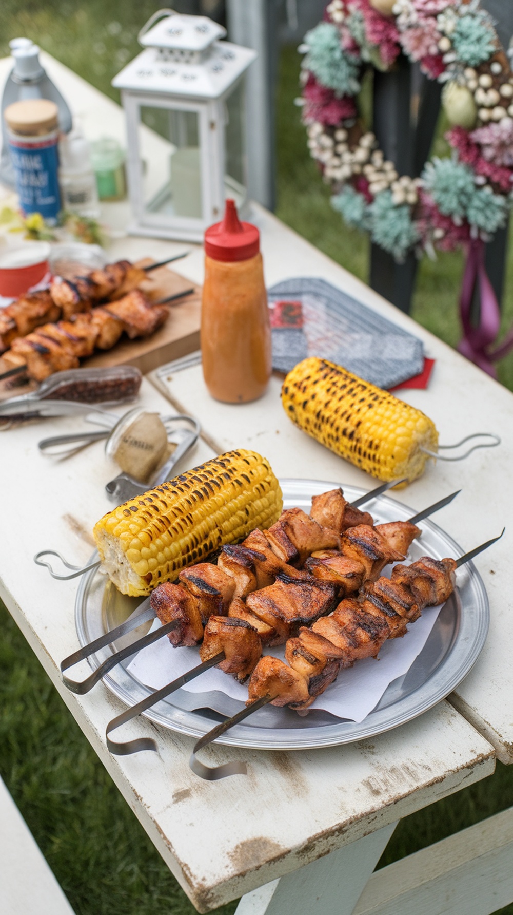 Grilled chicken skewers with corn on a table, ready for a summer cookout.