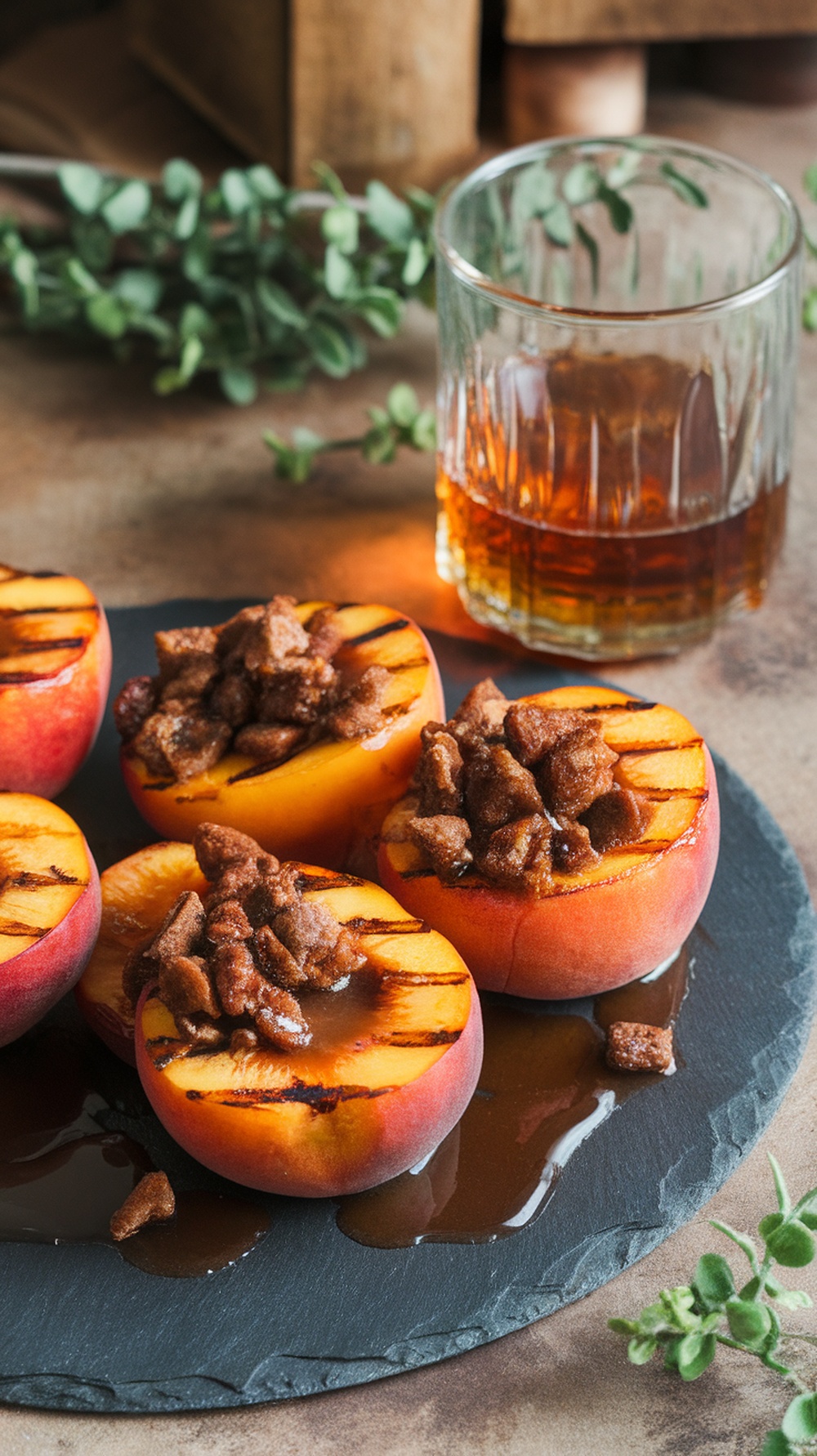 Grilled peaches with bourbon and brown sugar on a slate plate, garnished with a glass of bourbon.