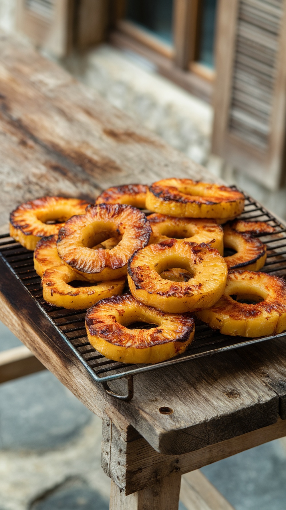 Grilled pineapple rings on a cooling rack