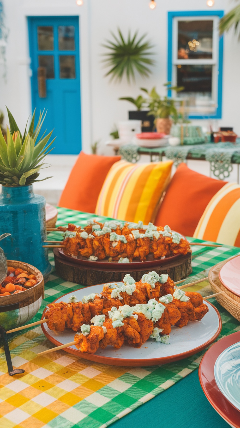 Buffalo chicken skewers with blue cheese on a colorful outdoor table setting