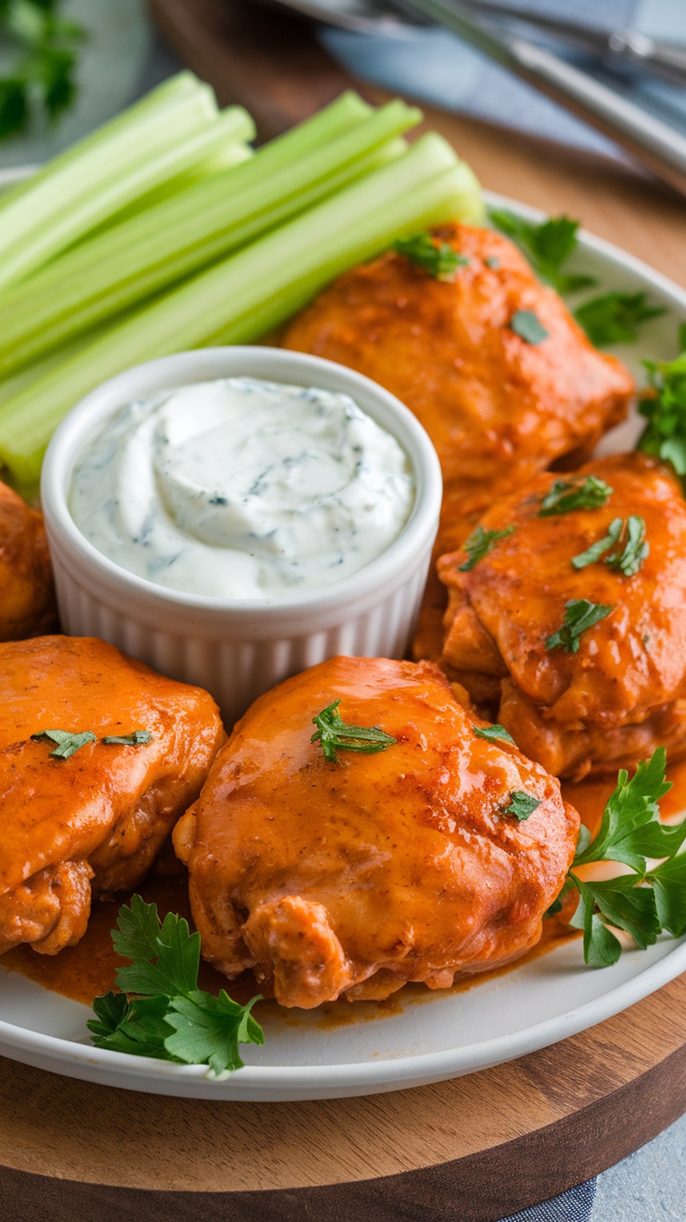 Buffalo style grilled chicken thighs served with celery and ranch dressing