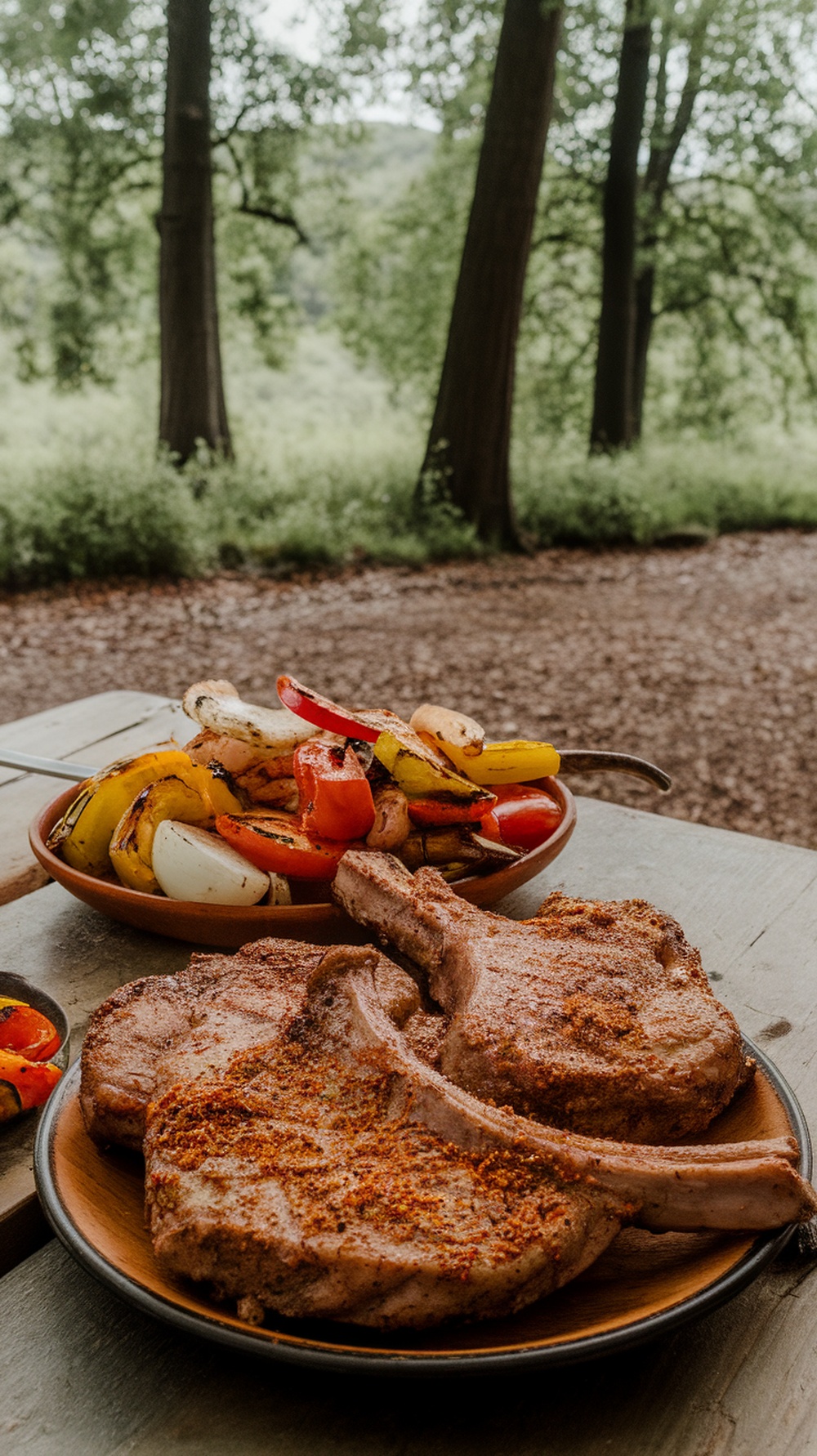 Cajun-spiced grilled pork chops with colorful grilled vegetables