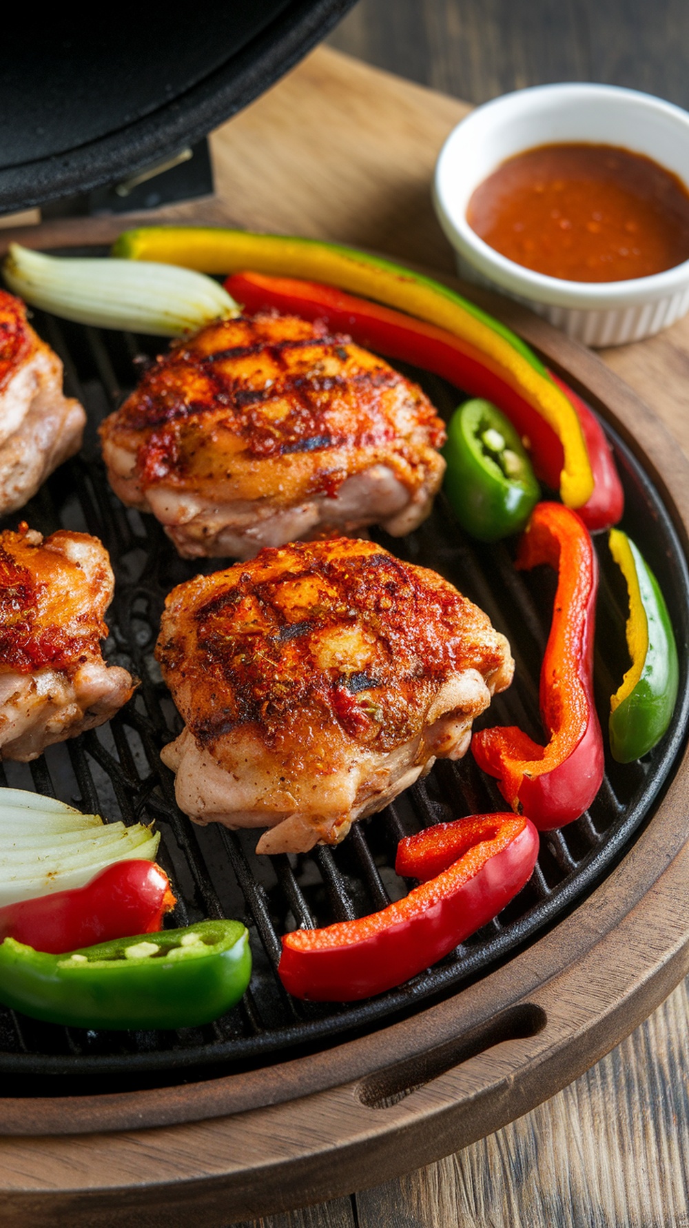 Grilled Cajun spiced chicken thighs with colorful peppers and onions on a grill.