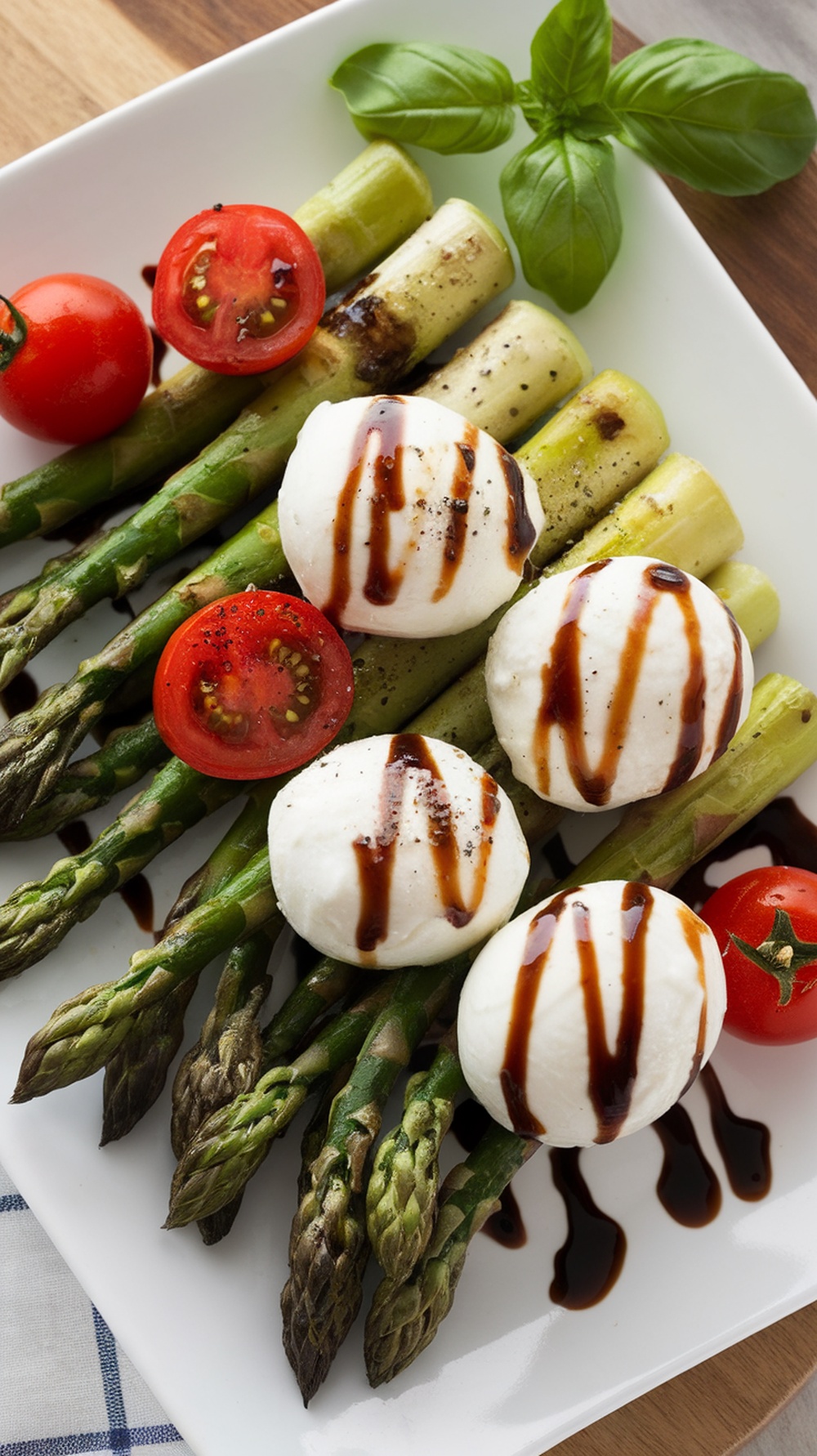 A plate of grilled asparagus topped with mozzarella balls, cherry tomatoes, and balsamic glaze.