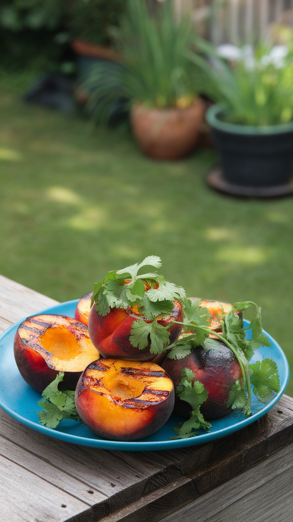 Grilled peaches with cilantro on a blue plate