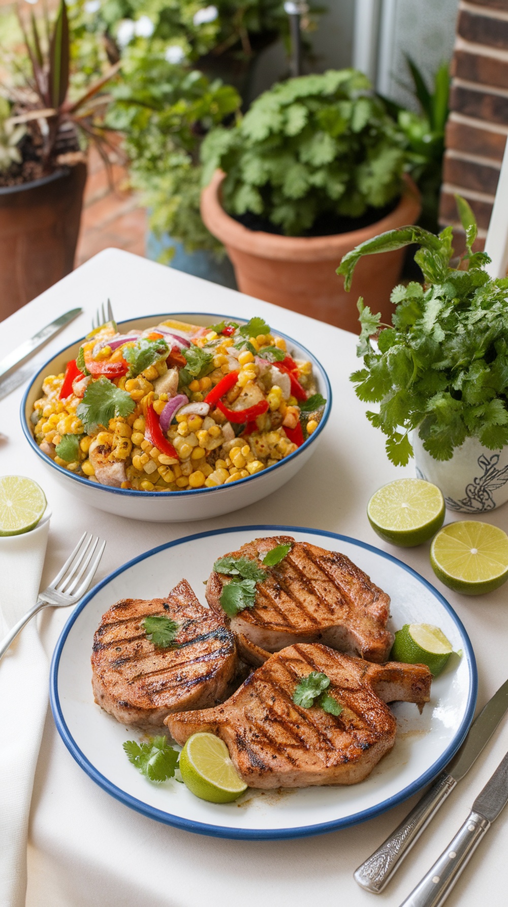 Grilled pork chops with chili lime seasoning, served with a colorful corn salad and garnished with cilantro and lime wedges.