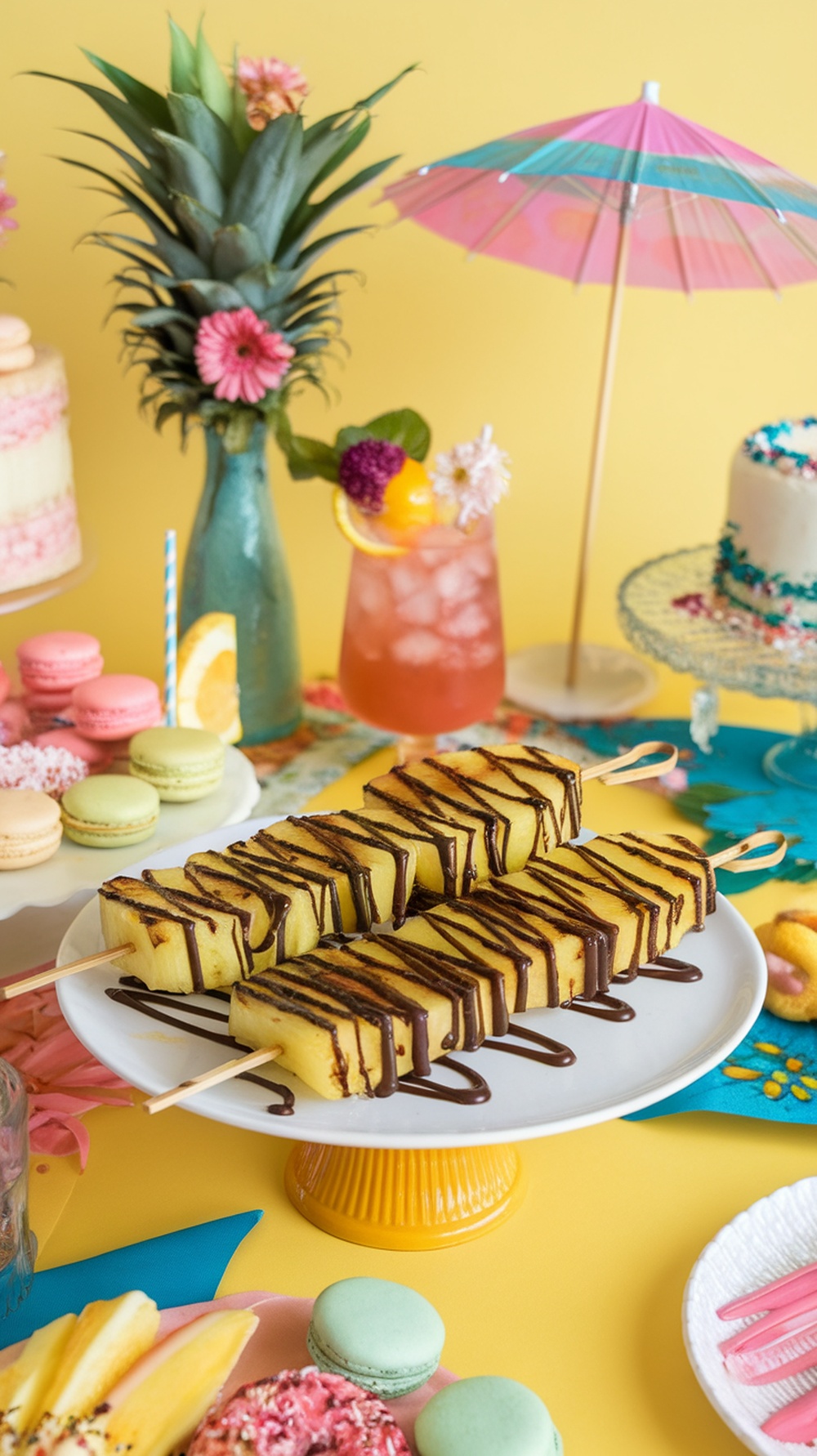 Grilled pineapple slices drizzled with chocolate on a colorful plate surrounded by tropical decorations.
