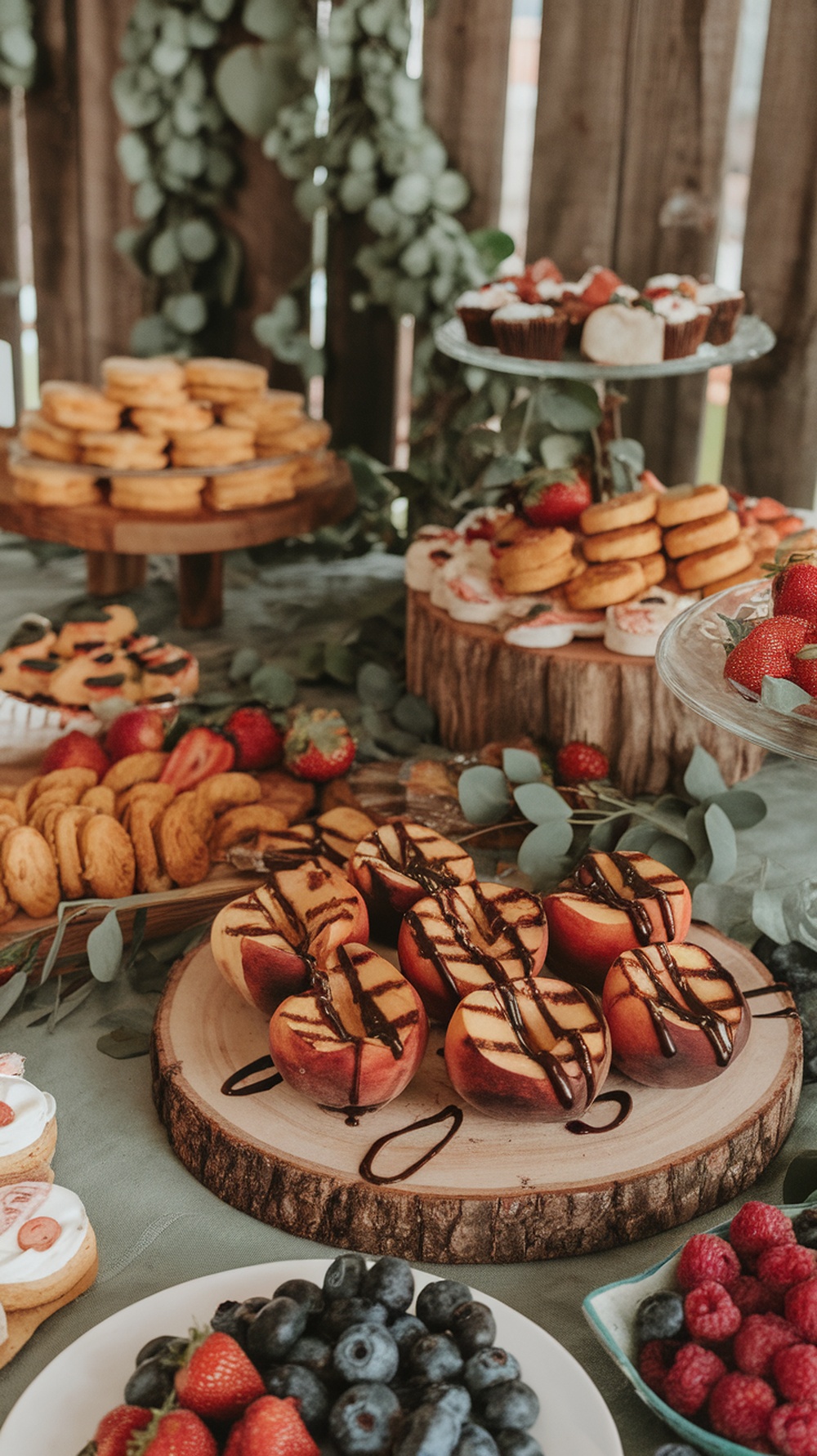 Grilled peaches drizzled with chocolate on a wooden platter, surrounded by fresh fruits.