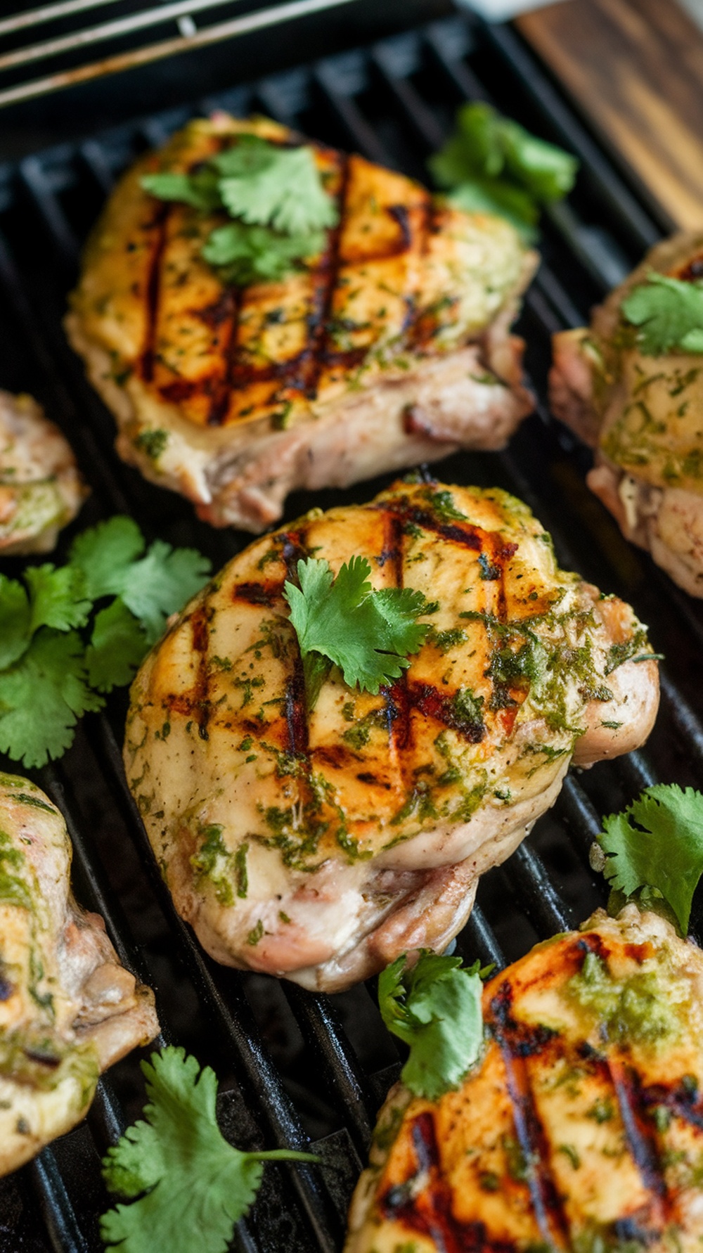 Grilled cilantro lime chicken thighs on a grill