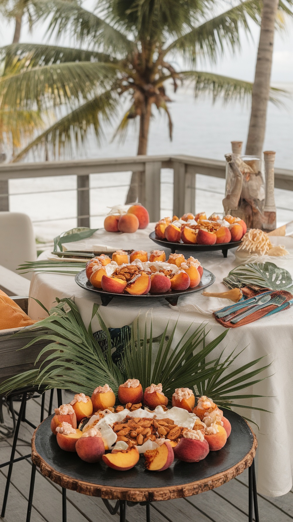 Grilled peaches topped with coconut cream and toasted almonds on a summer table
