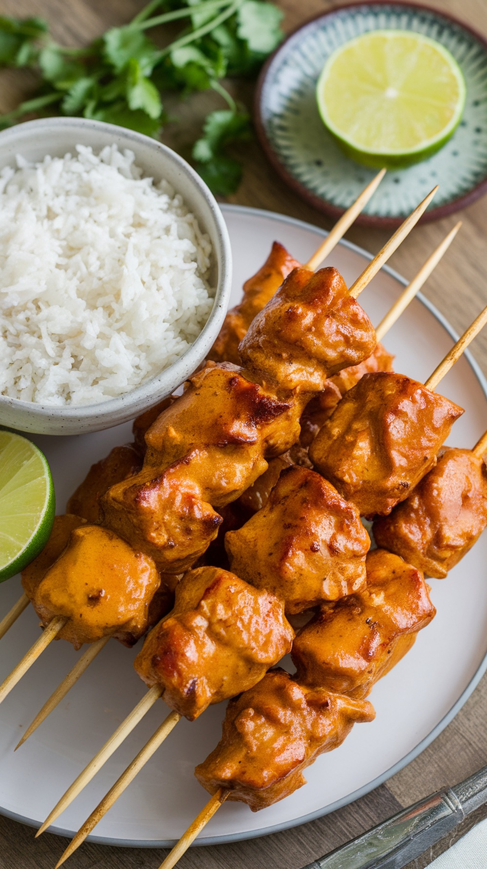 Coconut curry chicken skewers served with rice and lime