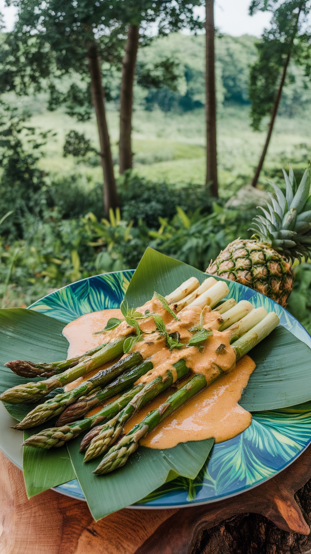 Grilled asparagus with coconut curry sauce on a tropical-themed plate
