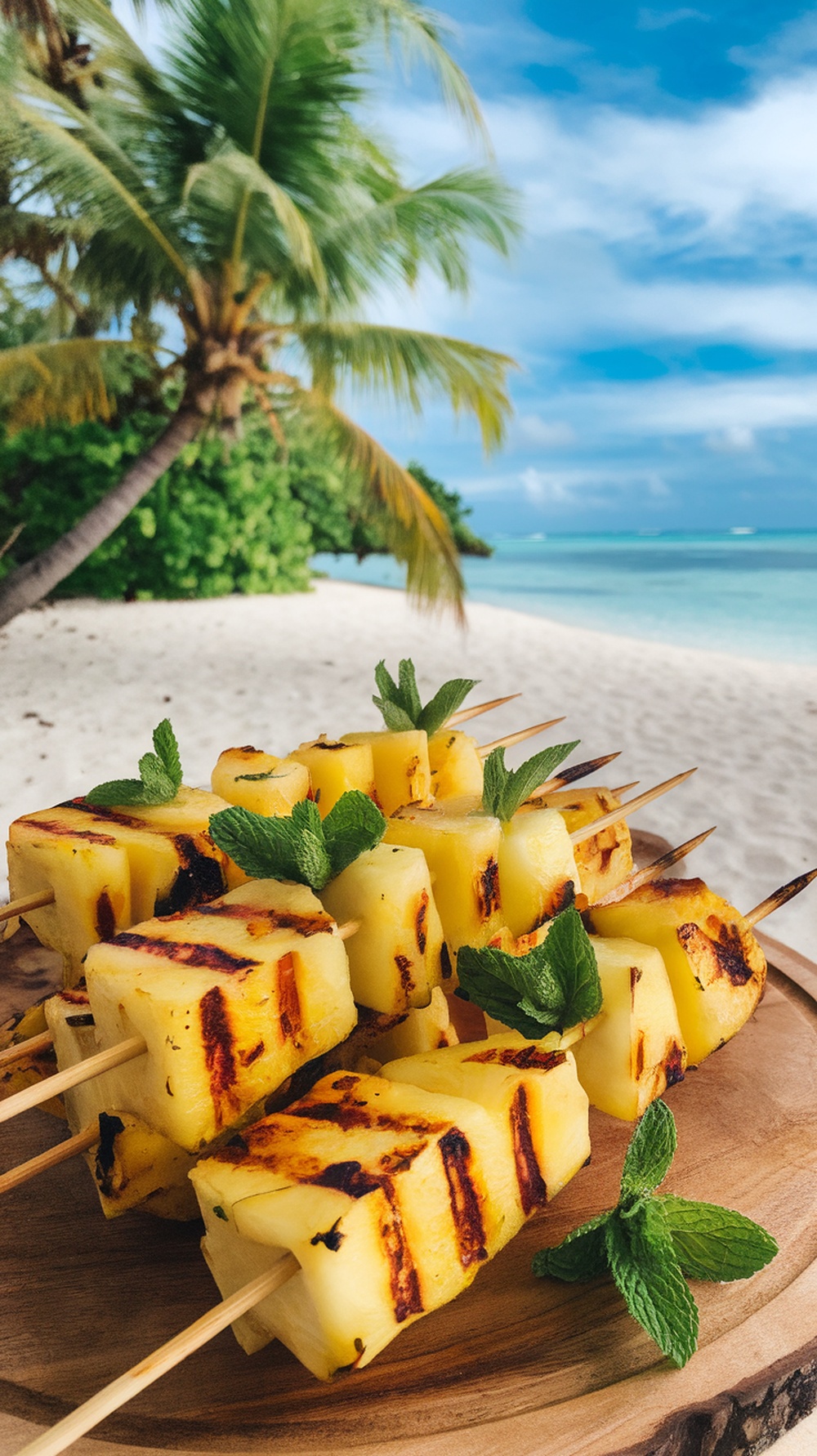 Grilled pineapple skewers with mint leaves on a beach setting