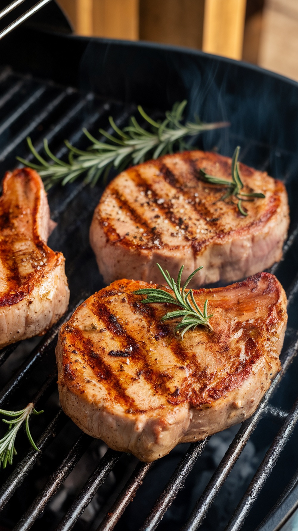 Grilled pork chops with rosemary on a grill