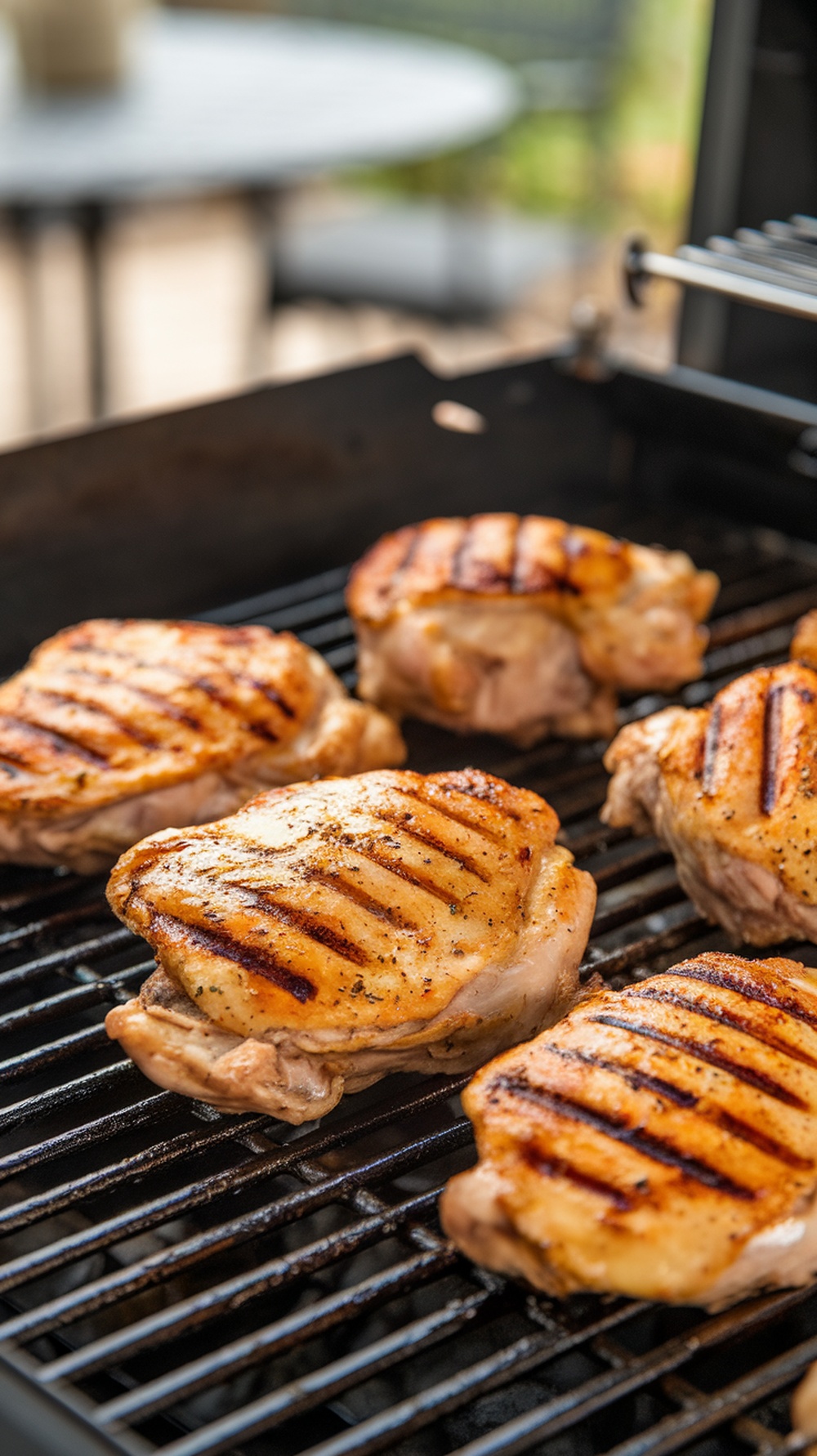 Grilled chicken thighs on a barbecue grill with grill marks and a golden-brown appearance.