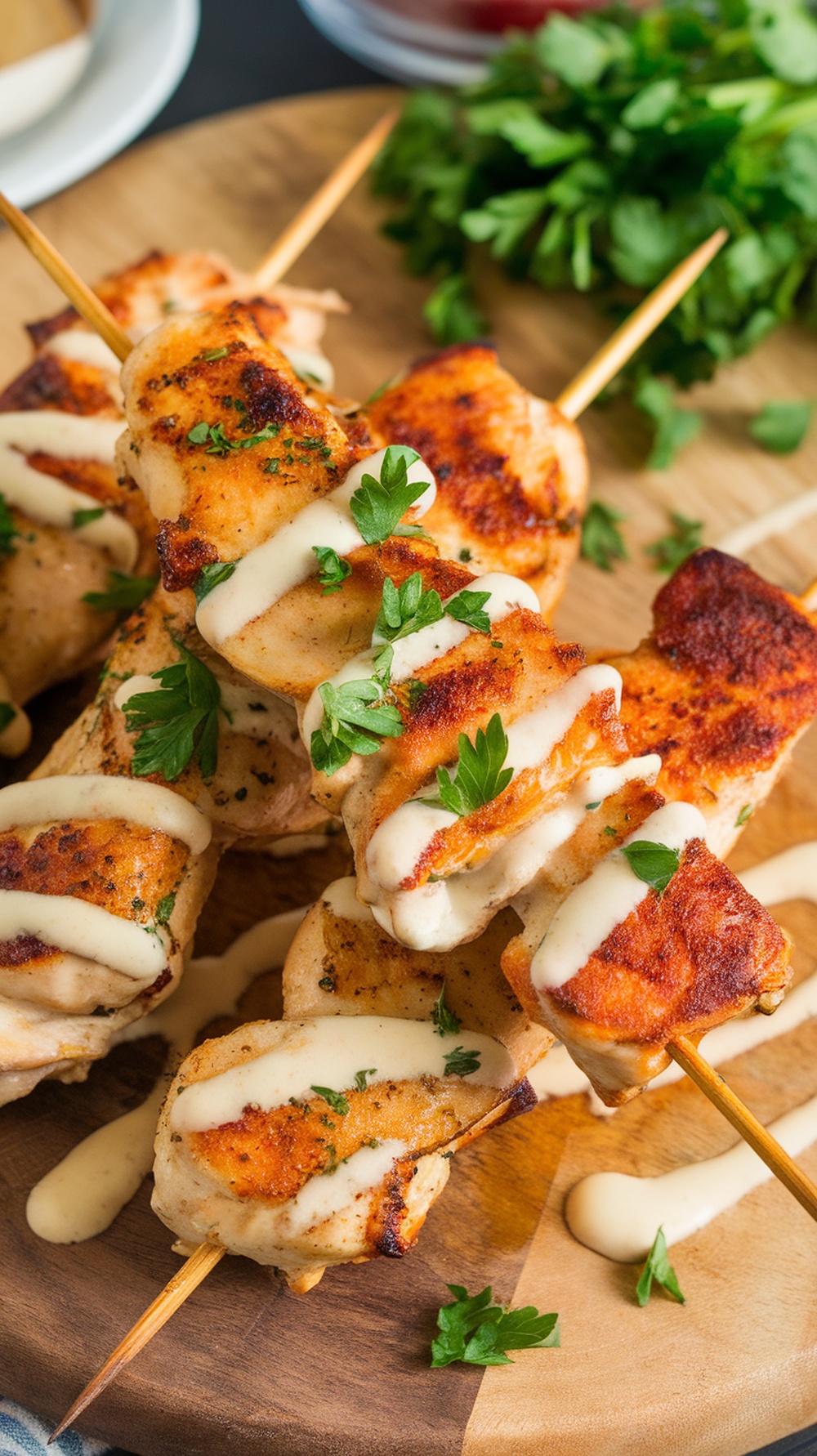 Delicious garlic parmesan chicken skewers drizzled with sauce and garnished with parsley.