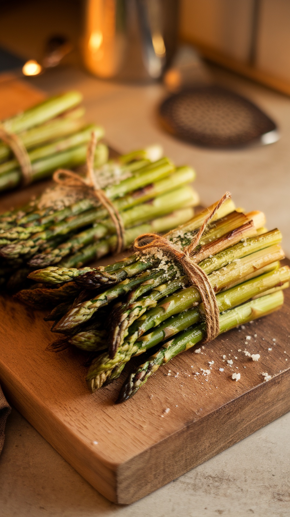 Garlic Parmesan Grilled Asparagus Bundles tied with twine on a wooden board.