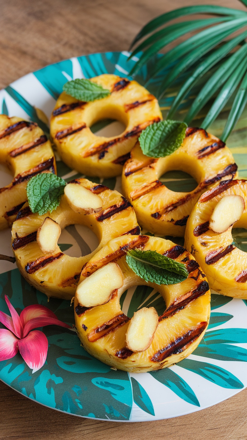 Grilled pineapple rings with ginger and mint on a tropical-themed plate.