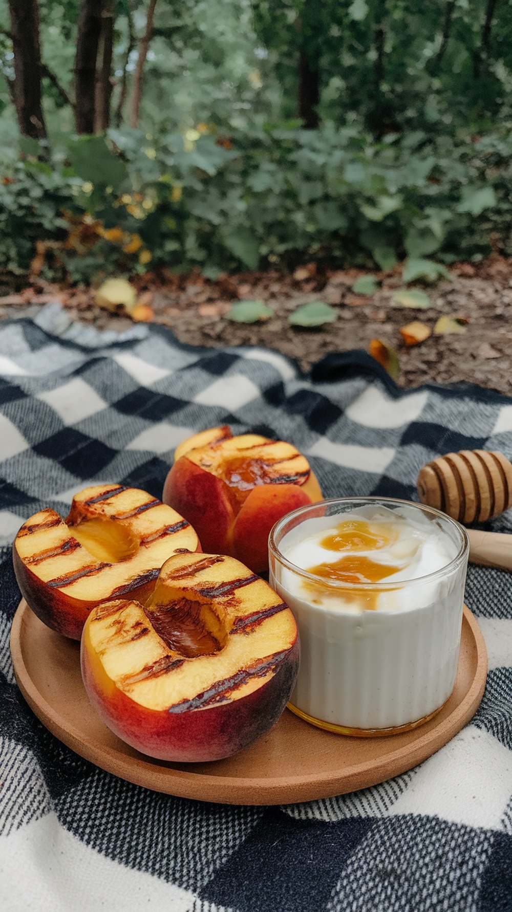 Grilled peaches with Greek yogurt and honey on a wooden plate