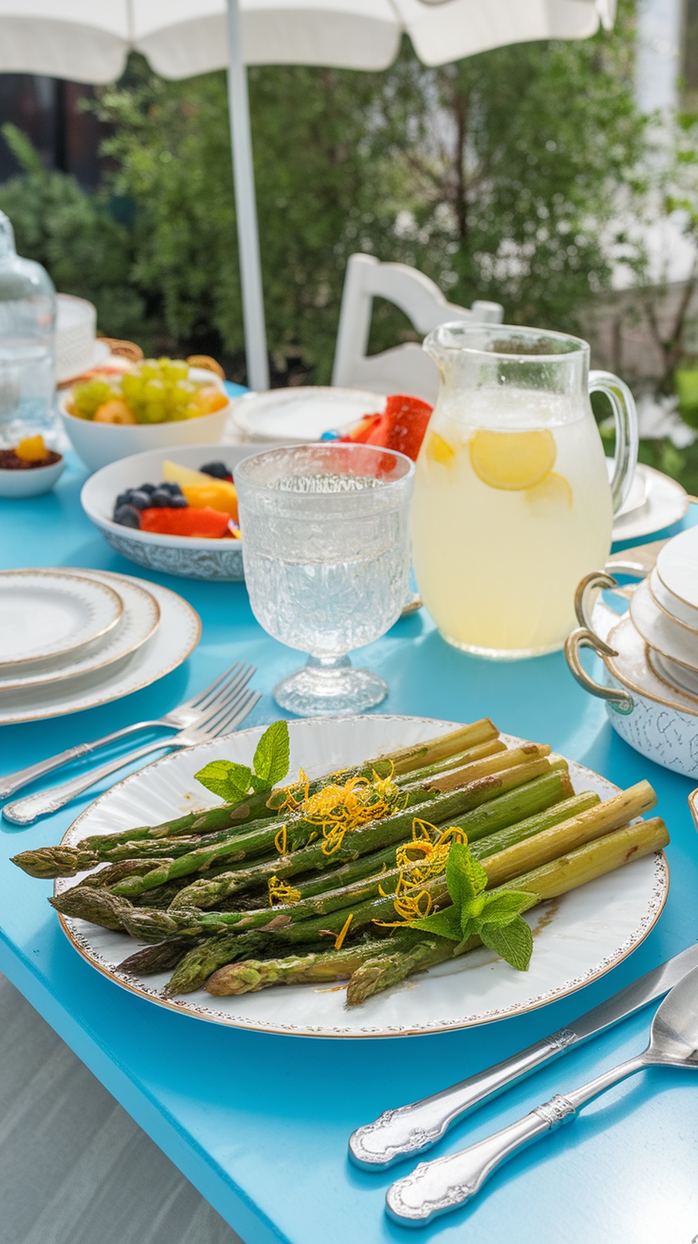 A plate of grilled asparagus topped with lemon zest and mint, set on a vibrant blue table with drinks and fruits in the background.