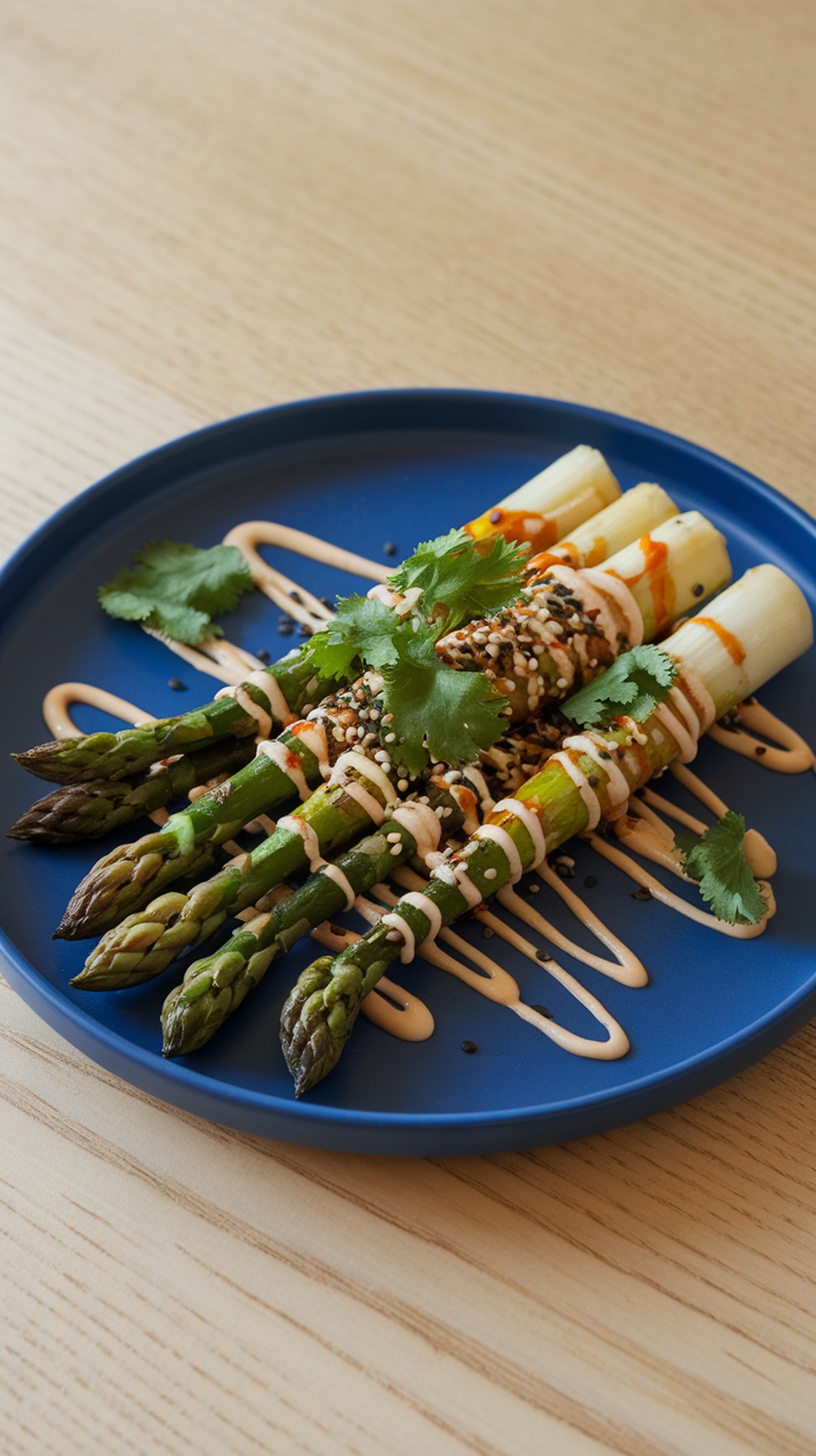 Grilled asparagus with sriracha mayo drizzled on top, garnished with sesame seeds and cilantro on a blue plate.