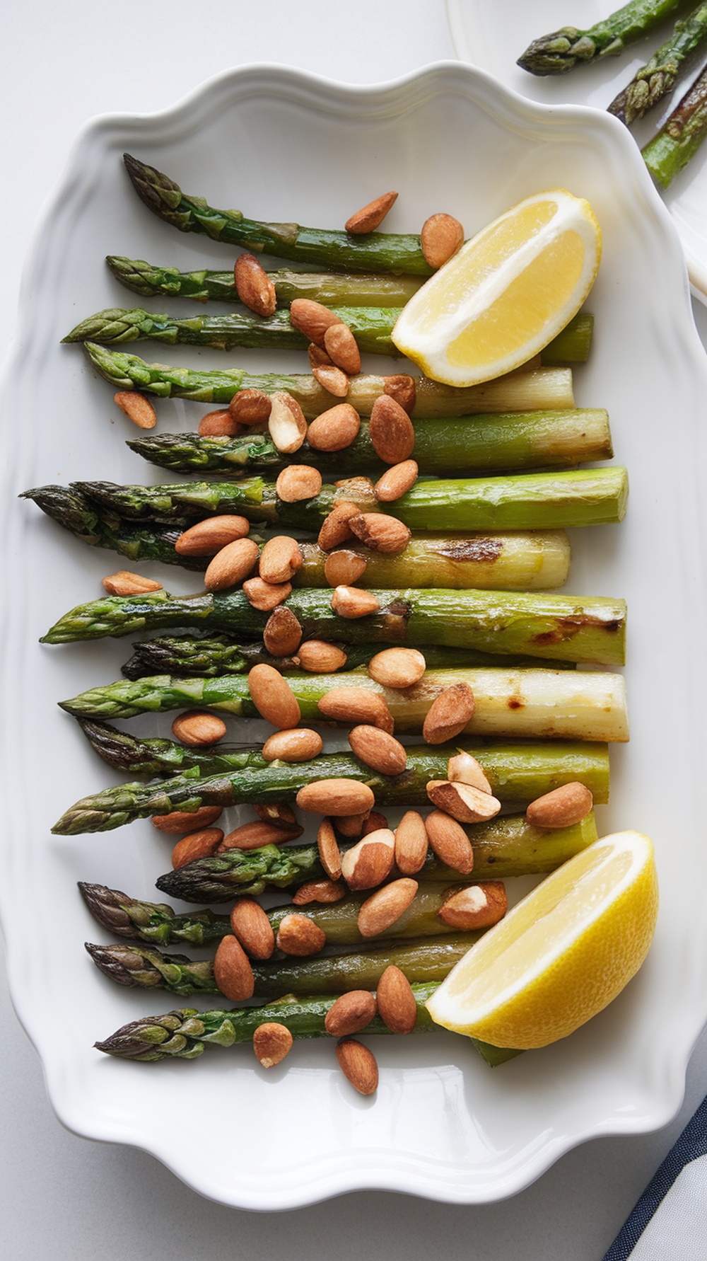 Grilled asparagus topped with toasted almonds and lemon wedges on a white platter.