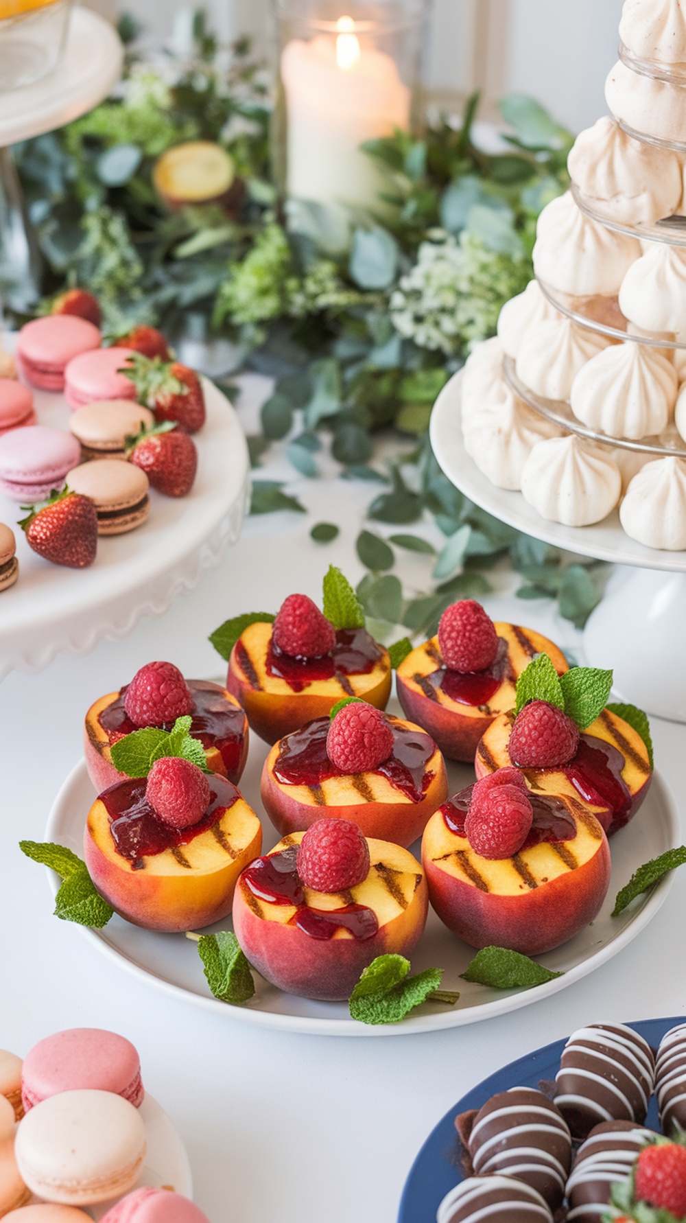 Grilled peaches topped with raspberry coulis and fresh raspberries, surrounded by a variety of desserts.