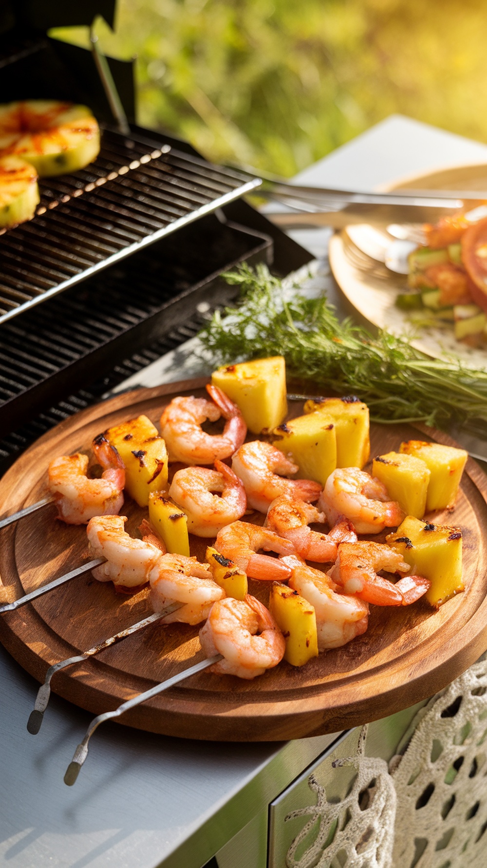 Grilled shrimp and pineapple skewers on a wooden platter with a grill in the background.