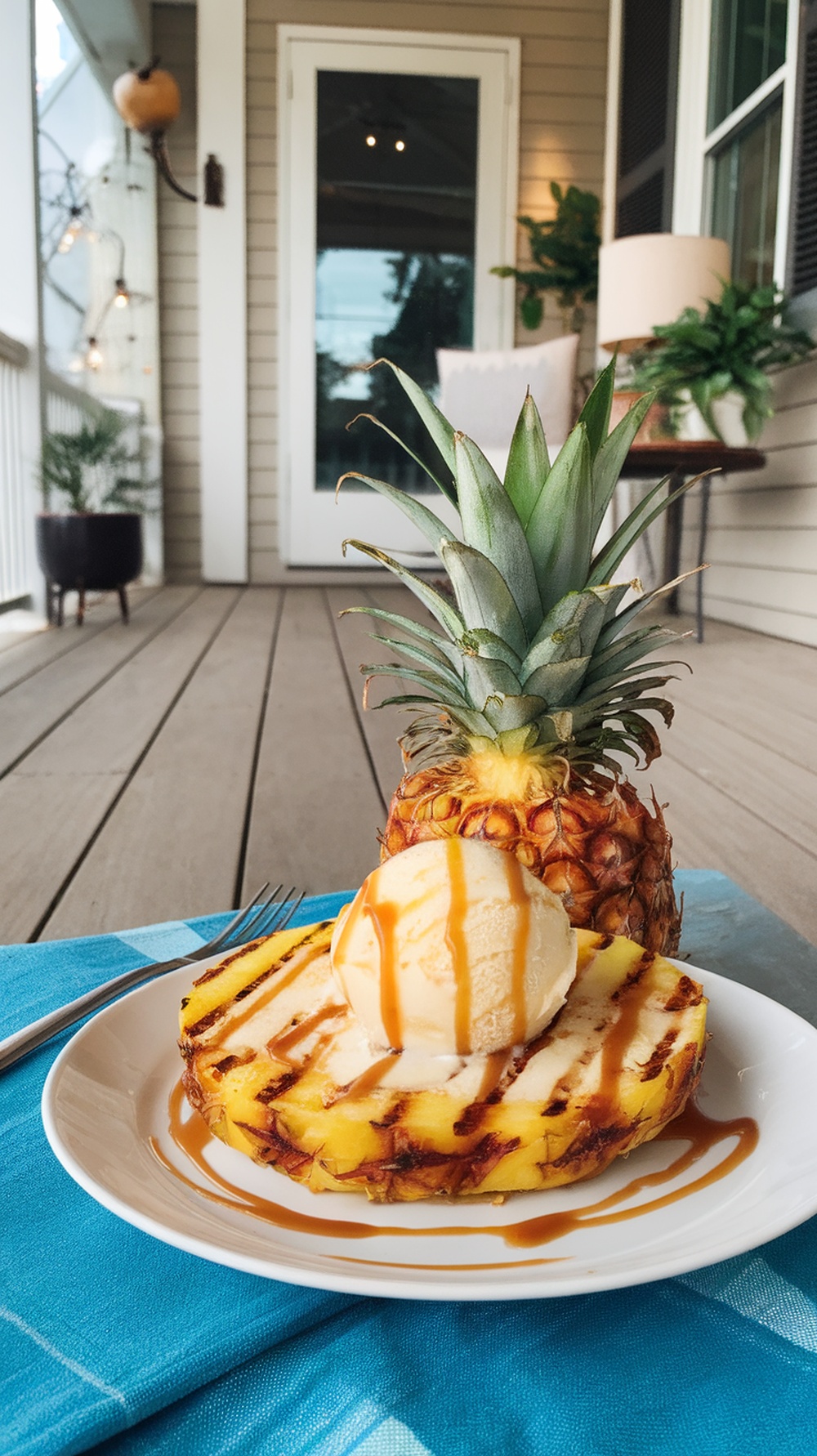 Grilled pineapple slice topped with vanilla ice cream and caramel sauce, with a whole pineapple in the background.