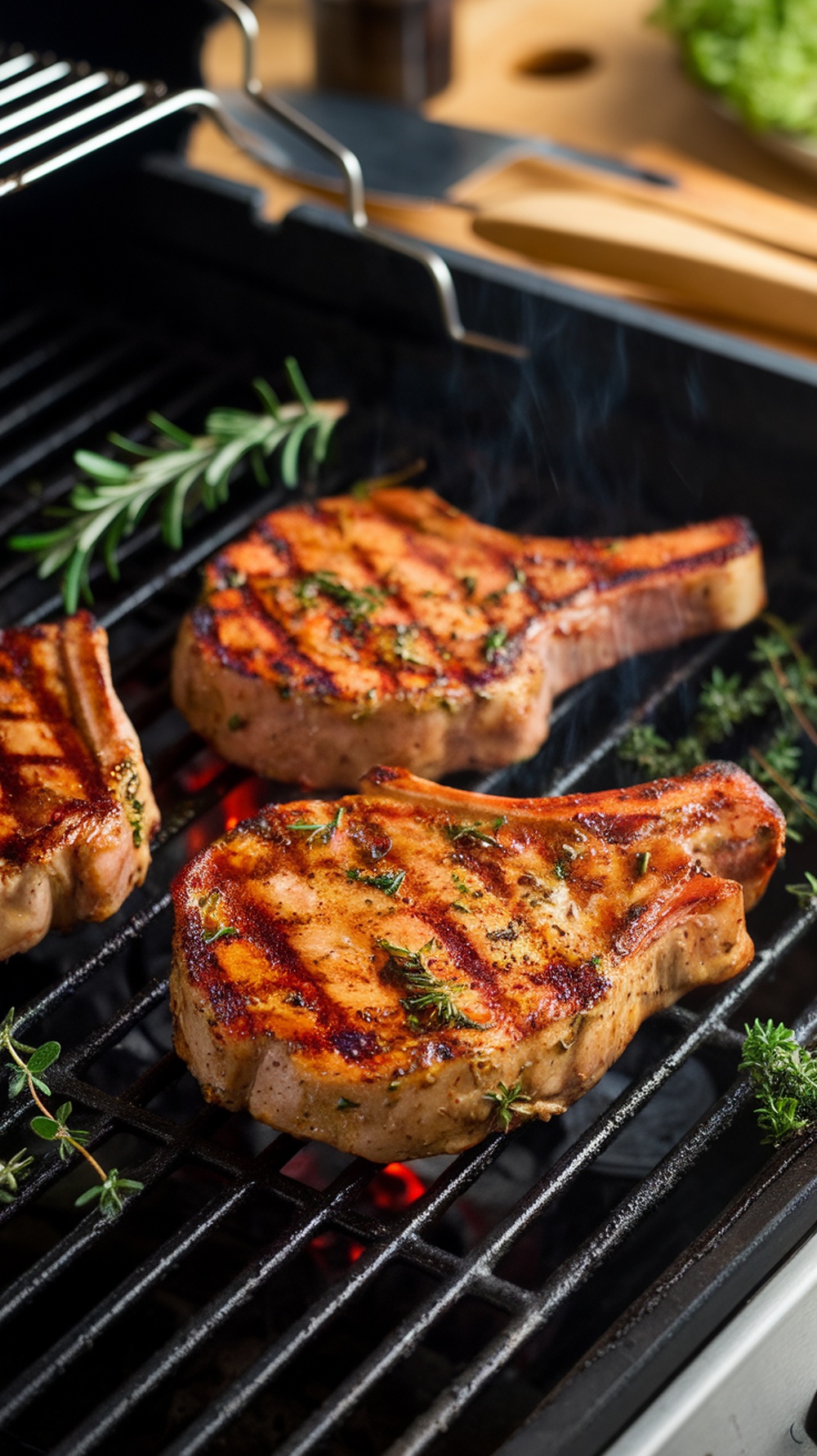 Grilled pork chops on a barbecue grill with fresh herbs