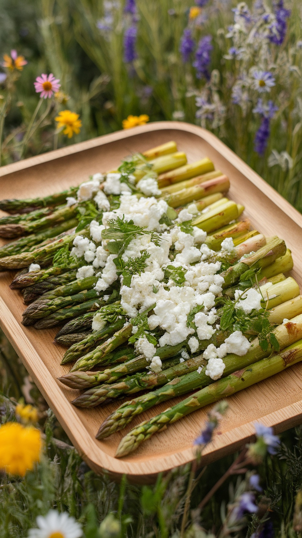 Grilled asparagus topped with feta cheese and herbs on a wooden platter surrounded by flowers.