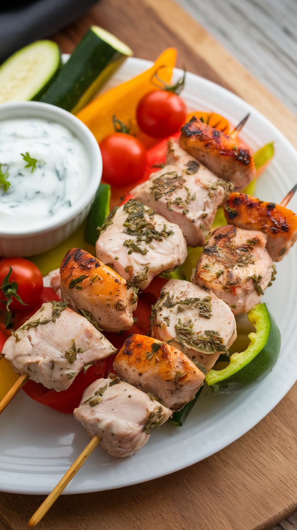 Herbed yogurt chicken skewers with colorful vegetables and a yogurt dip