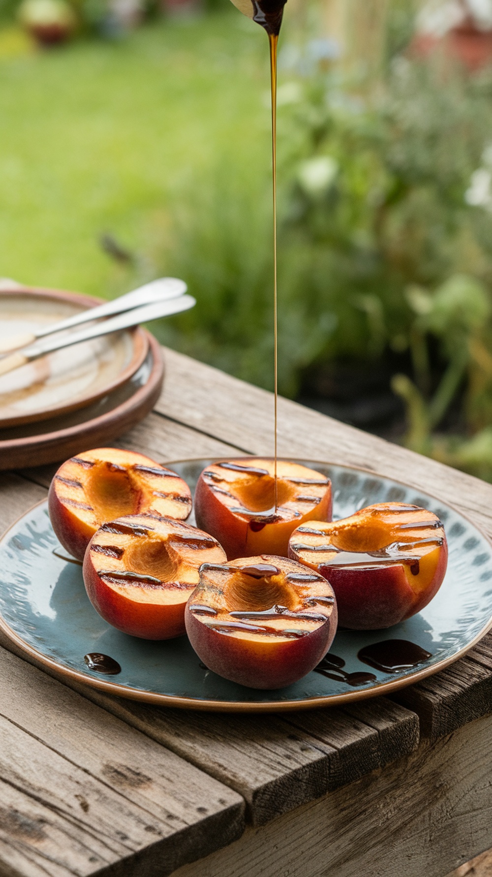 Grilled peaches drizzled with honey-balsamic glaze on a blue plate