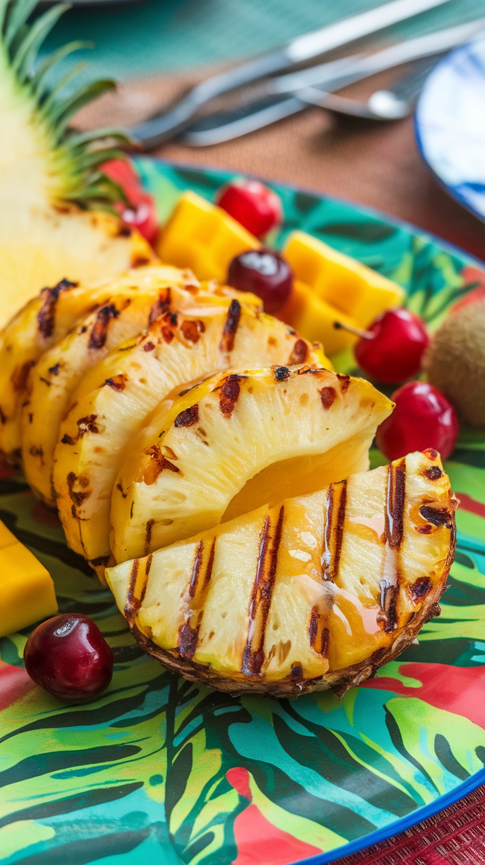 Grilled pineapple slices with honey lime glaze on a colorful tropical plate