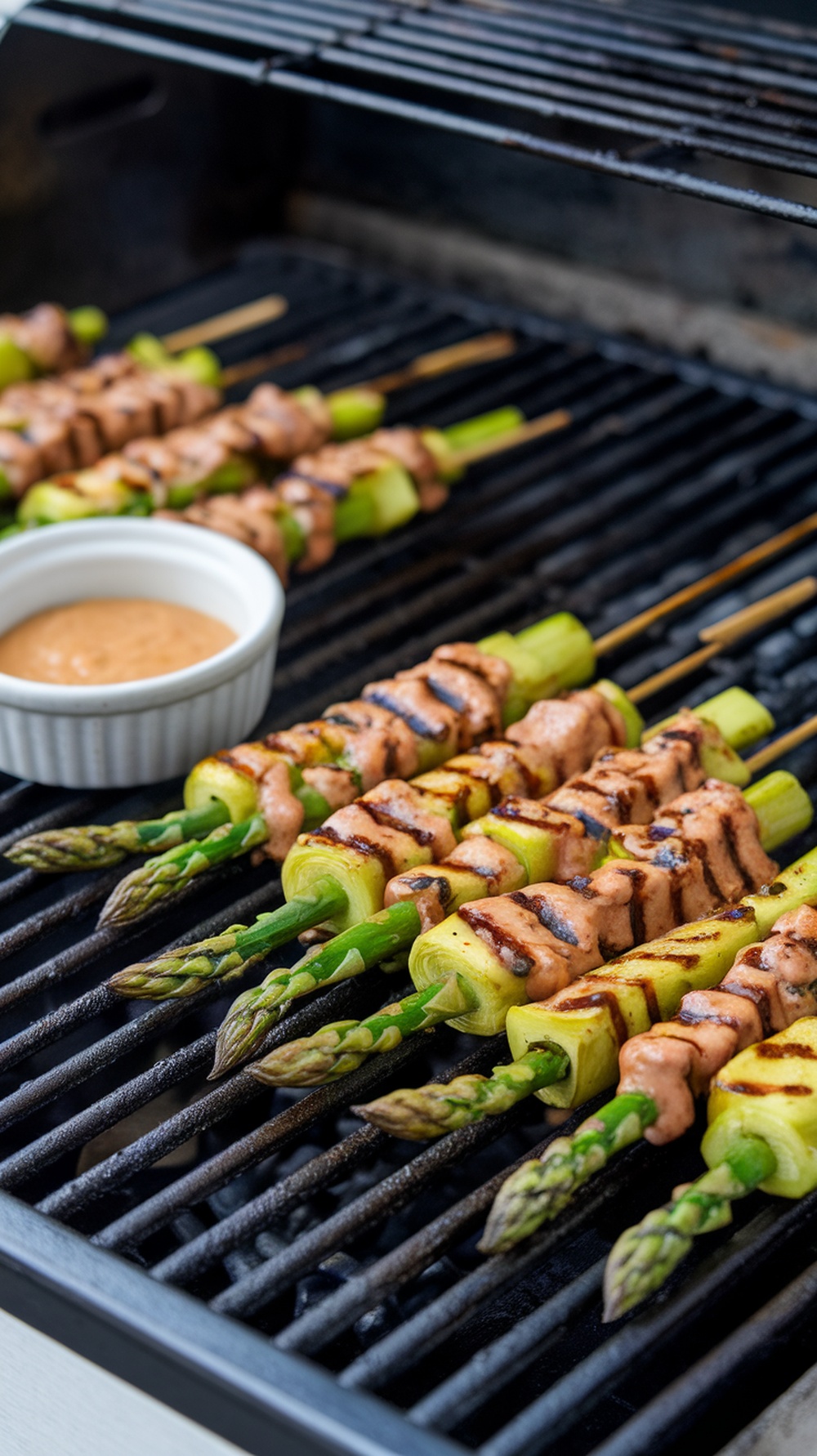 Grilled asparagus skewers with honey mustard sauce on a grill