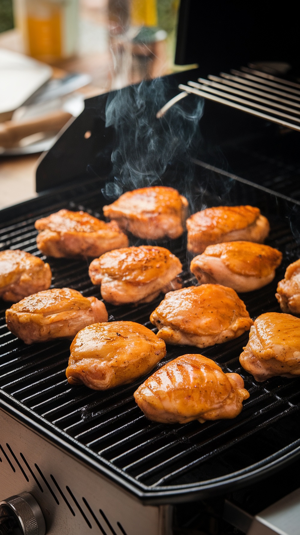 Juicy grilled chicken thighs on a barbecue grill