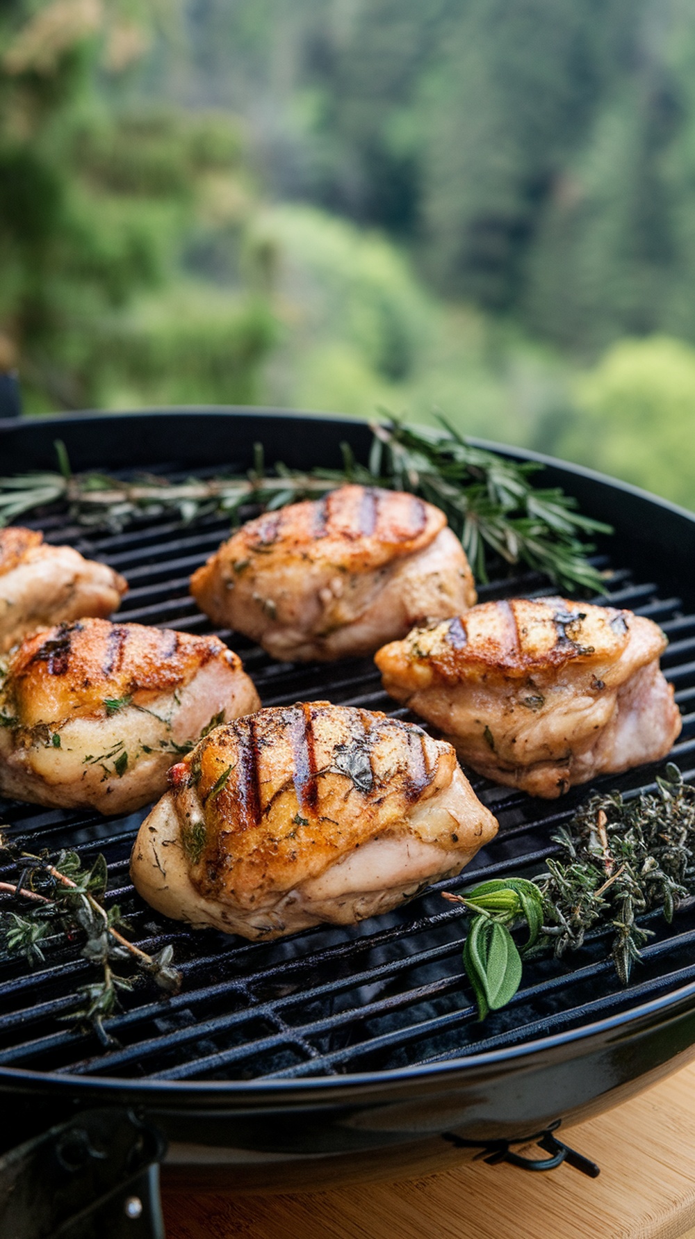 Grilled chicken thighs with herbs on a barbecue grill