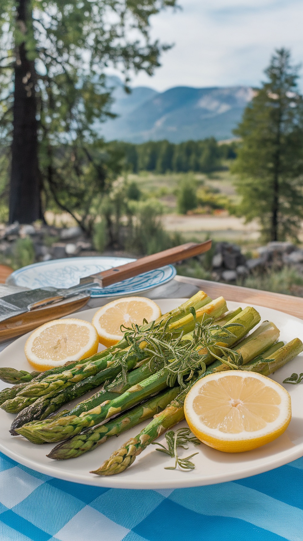 Grilled asparagus with lemon slices on a plate, set against a scenic outdoor background.