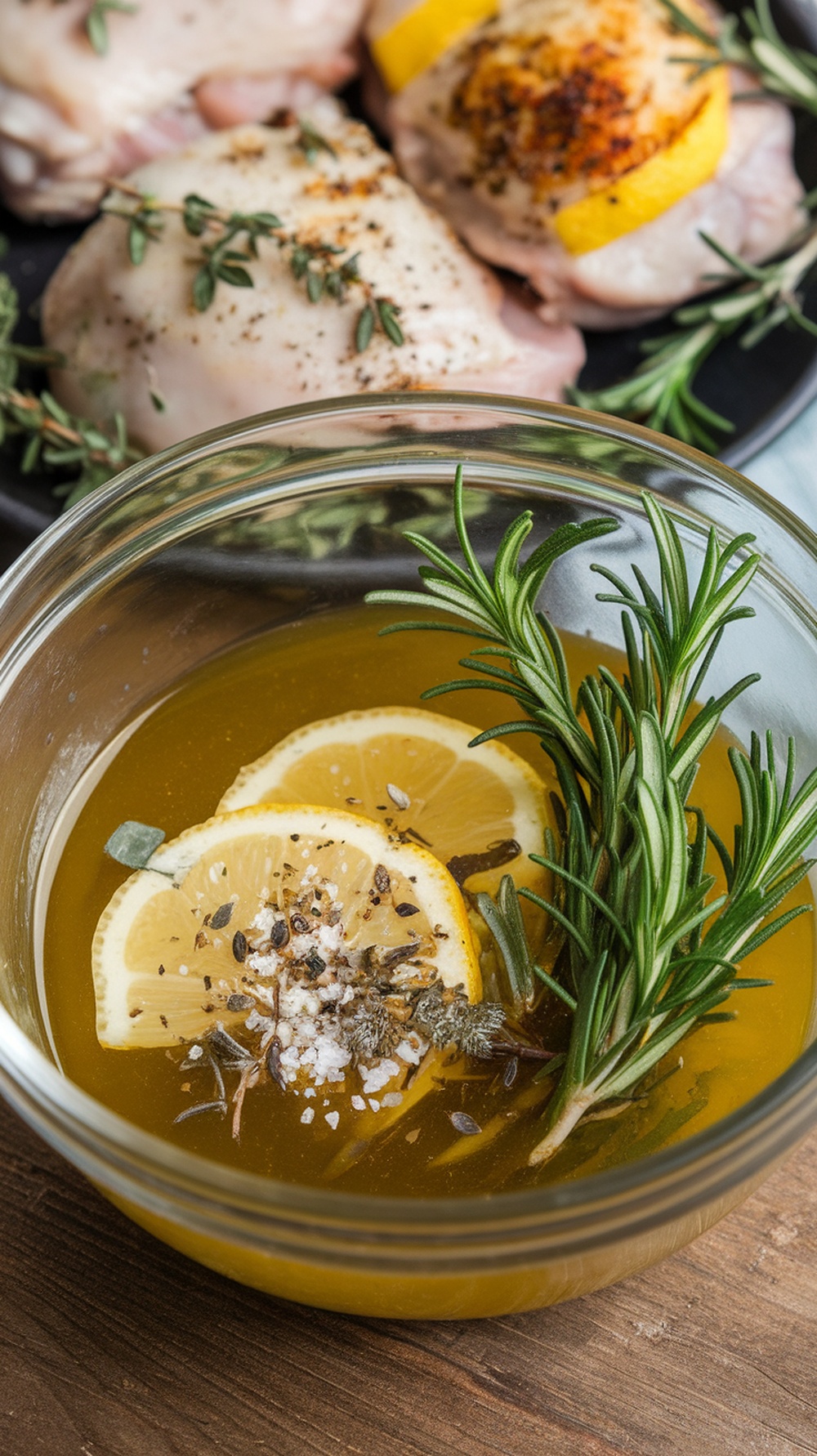 A bowl of lemon herb marinade with lemon slices and fresh herbs, alongside grilled chicken thighs.